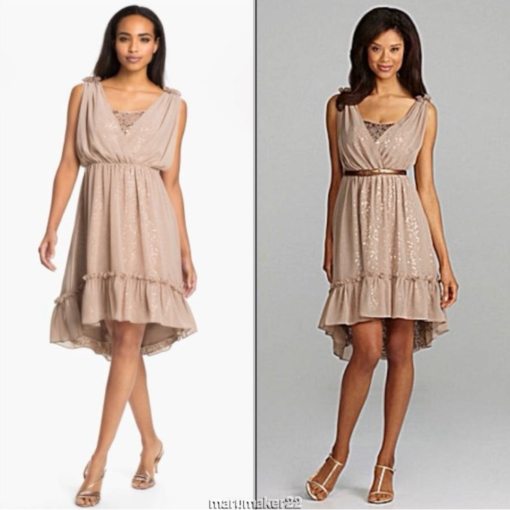 Jessica Simpson champagne dress with sequins and chiffon overlay.  Size 6